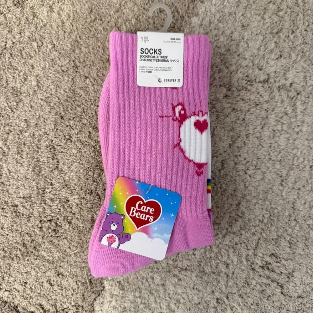 Forever 21 Care Bears Cheer Bear Pink Rainbow Crew Socks One Size NWT